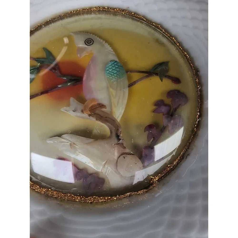 Vintage St. Croix Set Of 3 Plates Souvenir 3D Bubble Glass Mother Of Pearl Birds